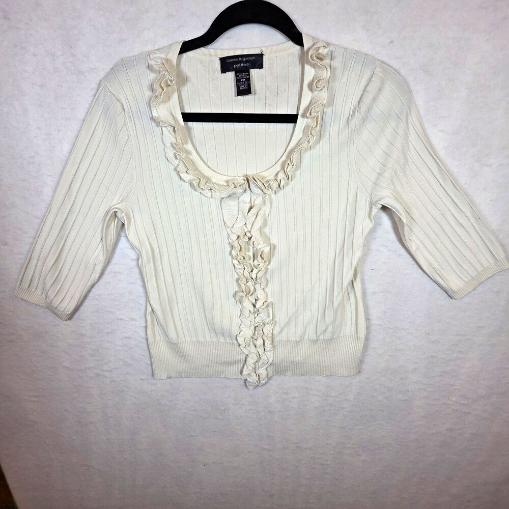 Cable & Gauge Ivory Petites PM Ribbed-Knit Ruffle Scoop Neck 3/4 Pullover